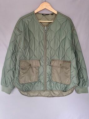 ONLY Quilted Utility Jacket Sage Green Tan Oversized Lightweight Liner Coat M